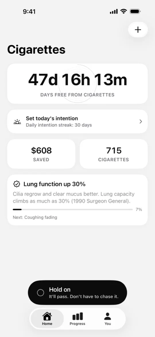 Home screen with time free, money saved and the next health milestone